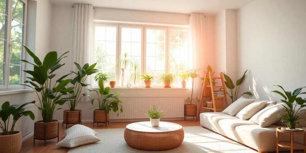 Intérieur lumineux avec des plantes et une atmosphère accueillante.