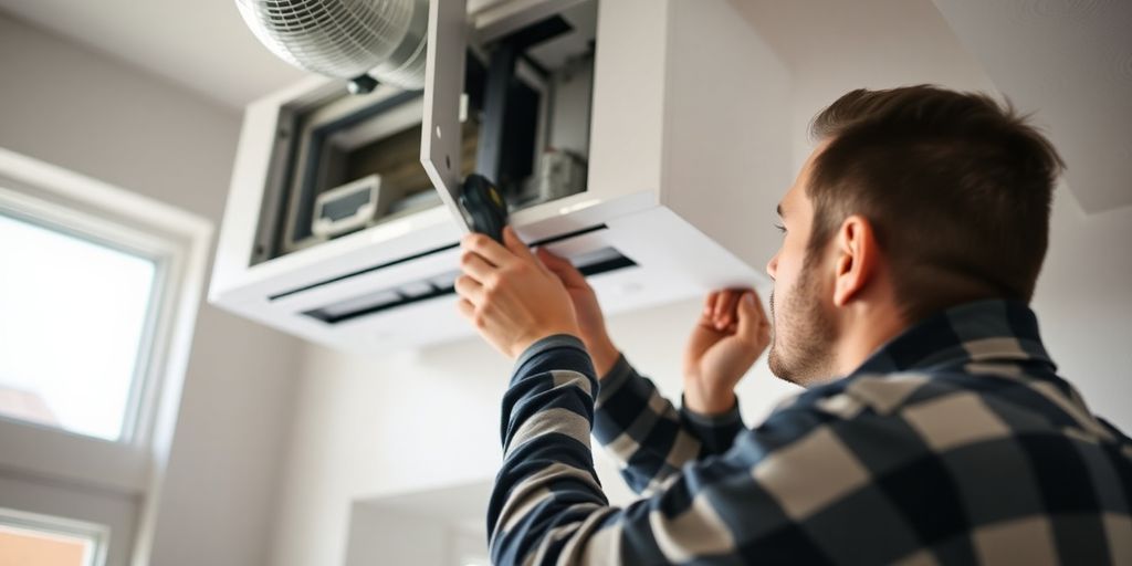 Technicien installant une VMC dans une maison moderne.