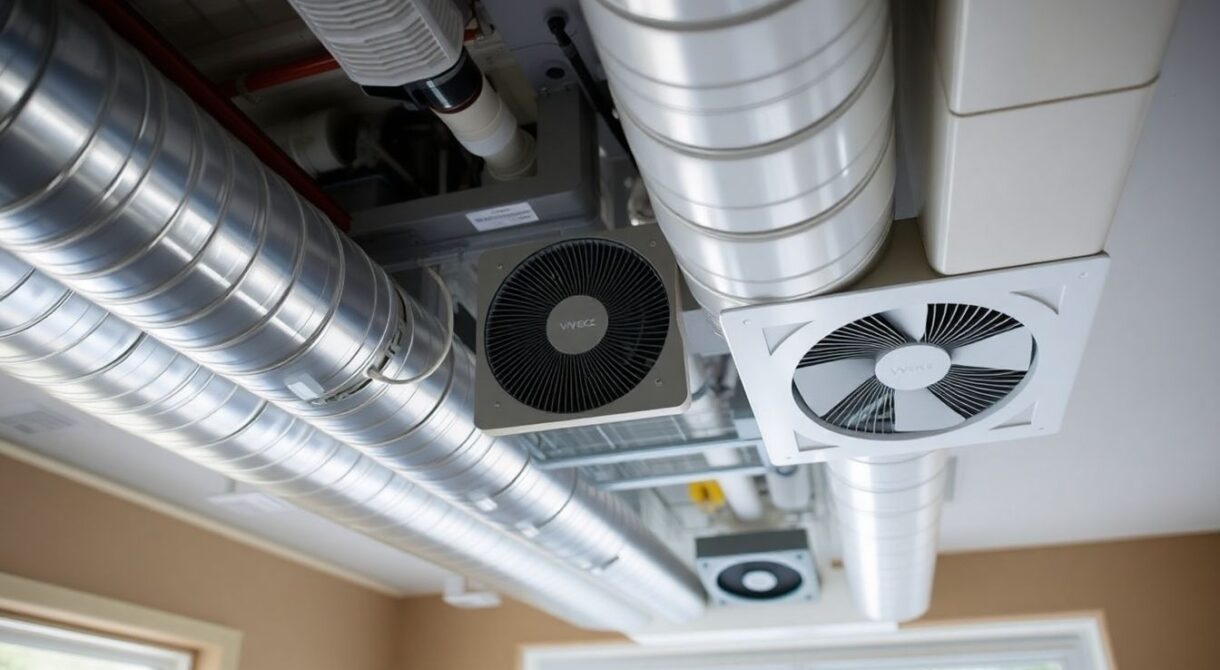 Système de ventilation avec tuyaux et ventilateurs visibles.