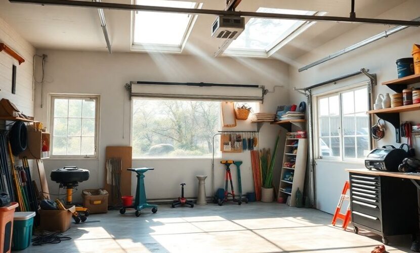 Garage bien ventilé avec fenêtres ouvertes et lumière naturelle.