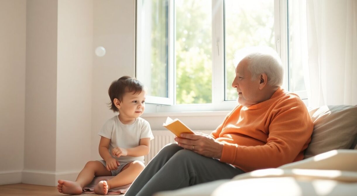 Enfants et grands-parents devant une fenêtre
