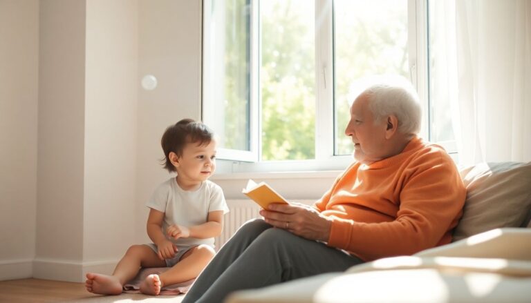 Enfants et grands-parents devant une fenêtre