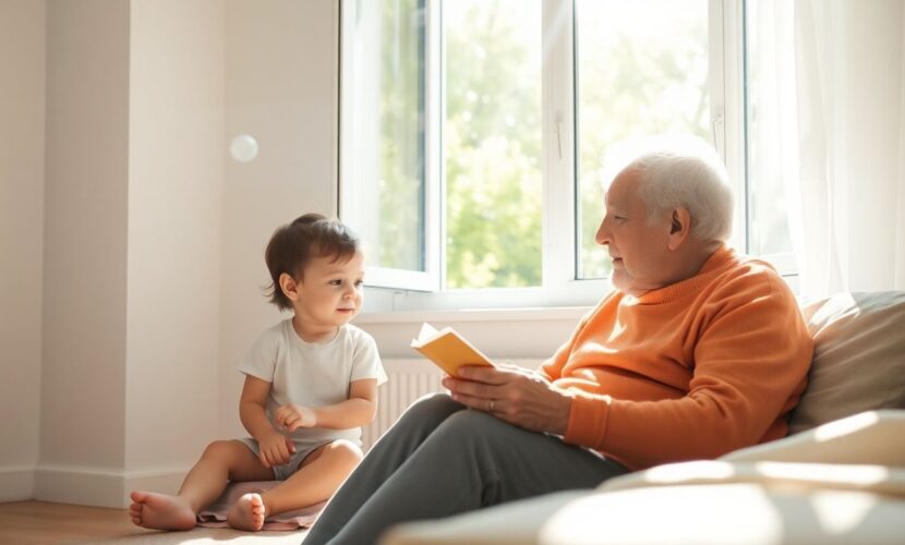 Enfants et grands-parents devant une fenêtre
