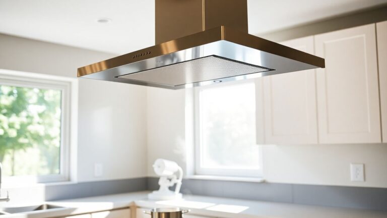 Cuisine moderne avec hotte aspirante et fenêtre lumineuse.