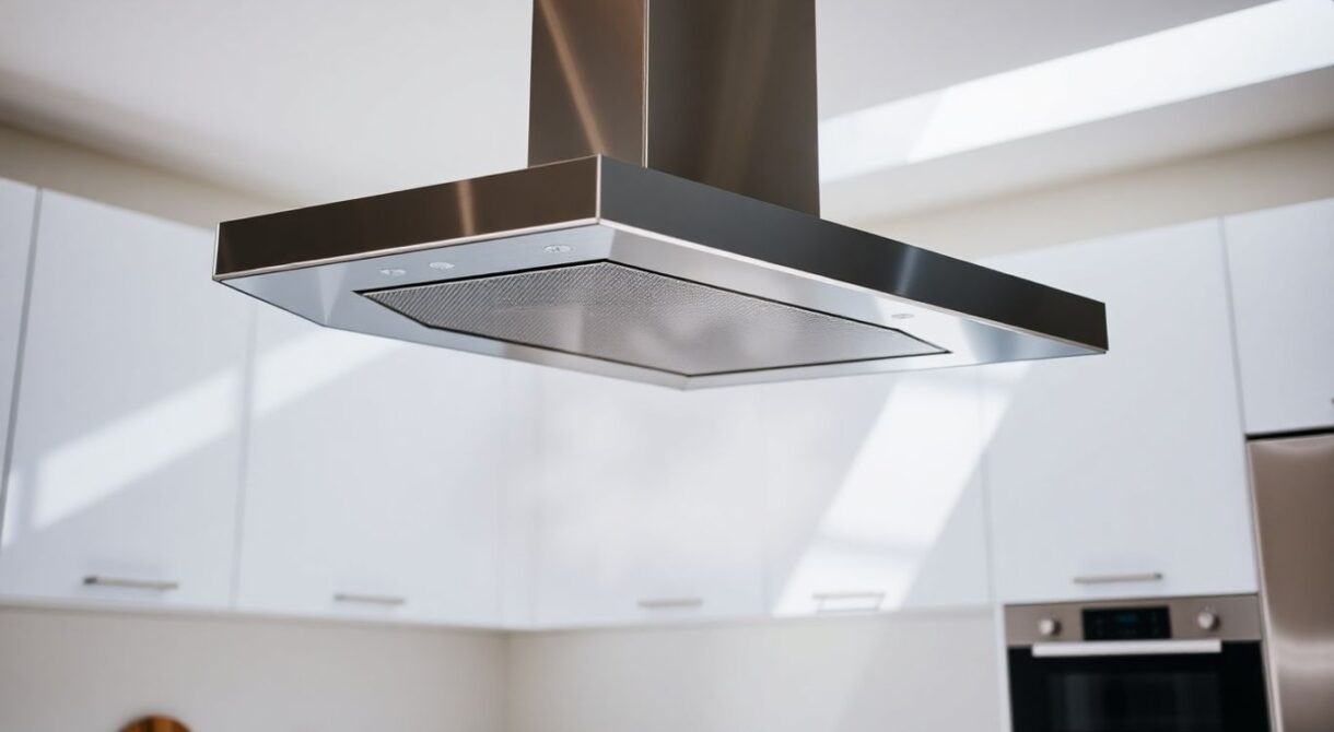 Cuisine moderne avec hotte aspirante, propre et aérée.