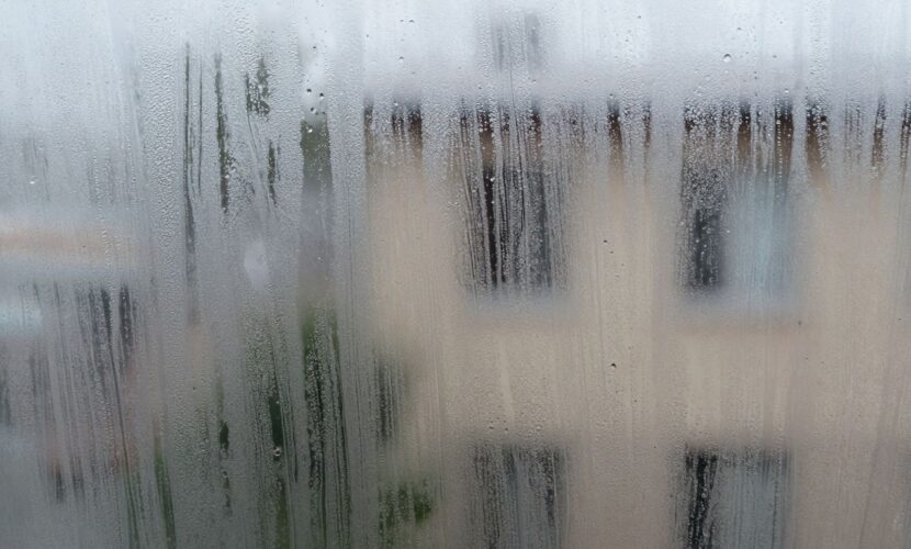 Condensation sur une fenêtre, signe d'humidité excessive.