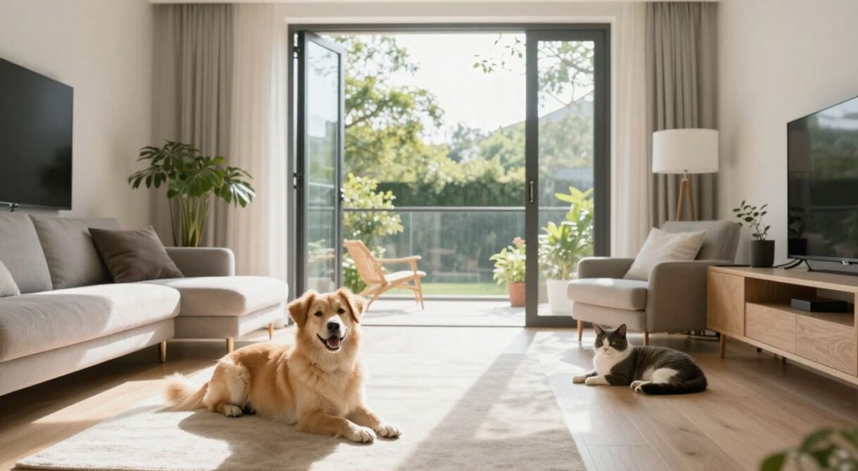 Un salon aéré avec un chien et un chat heureux.