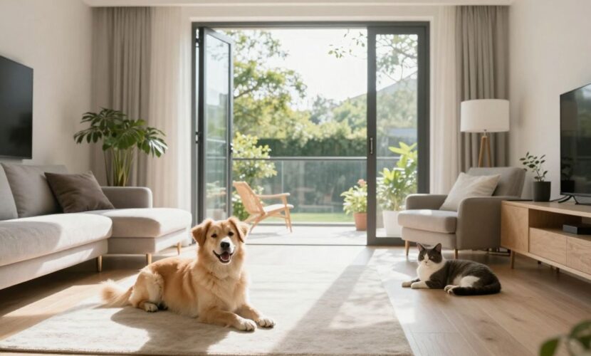 Un salon aéré avec un chien et un chat heureux.