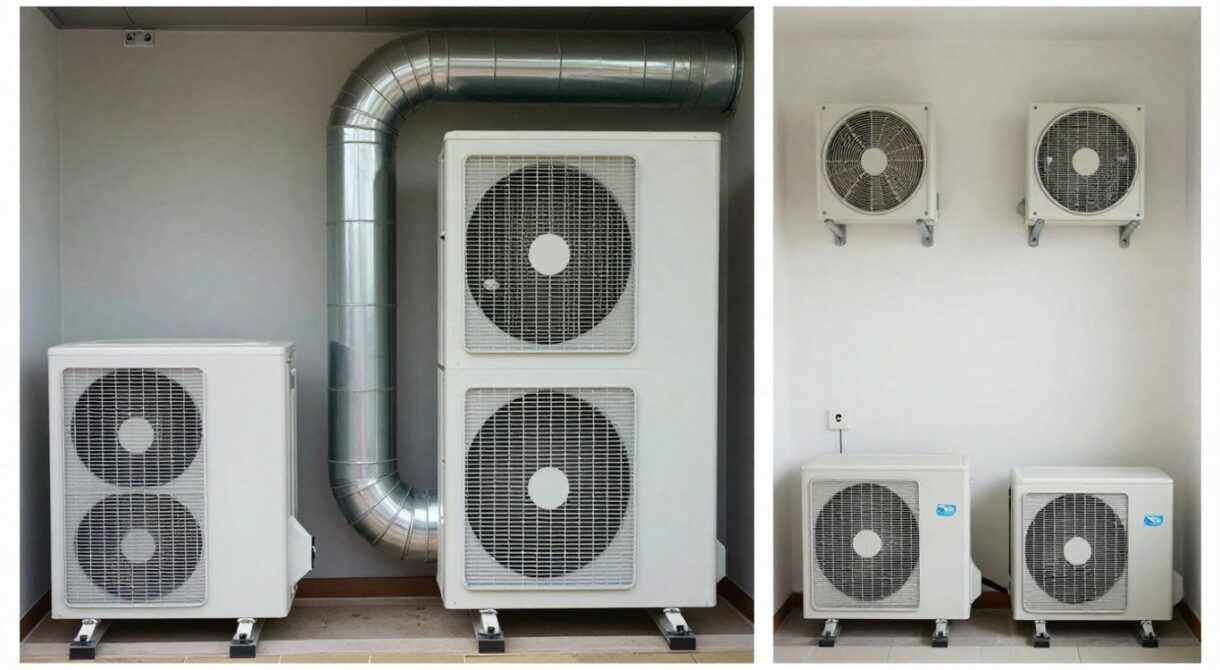 Systèmes de ventilation centralisée et décentralisée côte à côte.