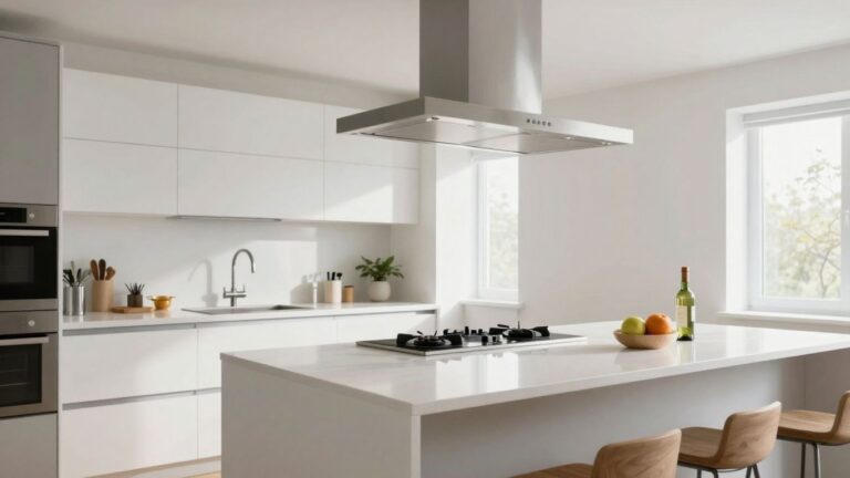 Cuisine ouverte moderne avec hotte aspirante intégrée.