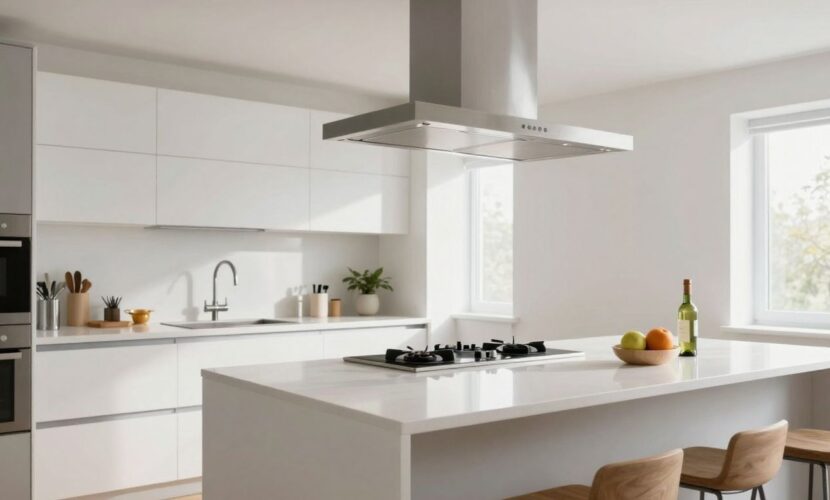 Cuisine ouverte moderne avec hotte aspirante intégrée.